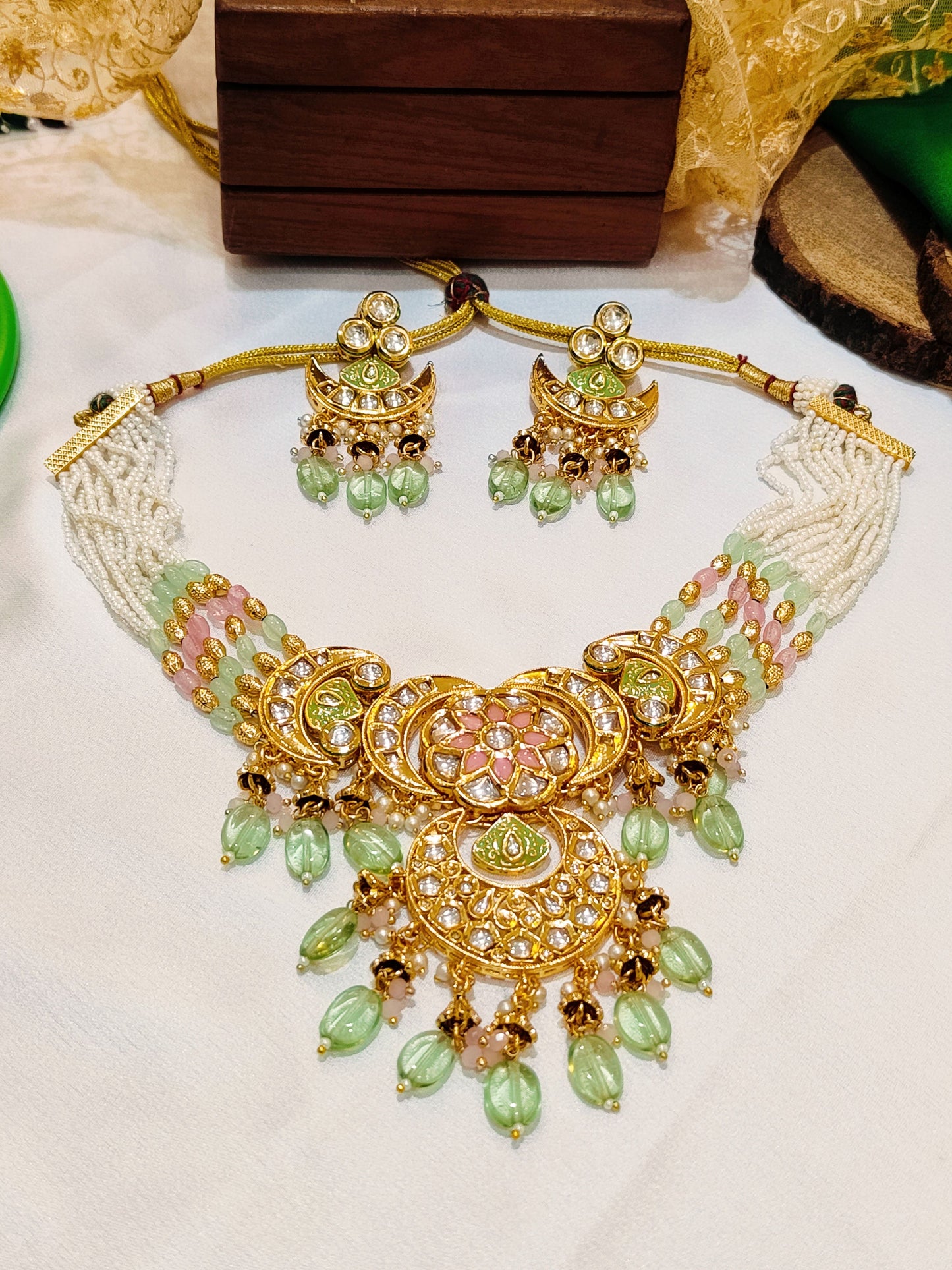 Pink & Mint green Chand Choker Necklace Set