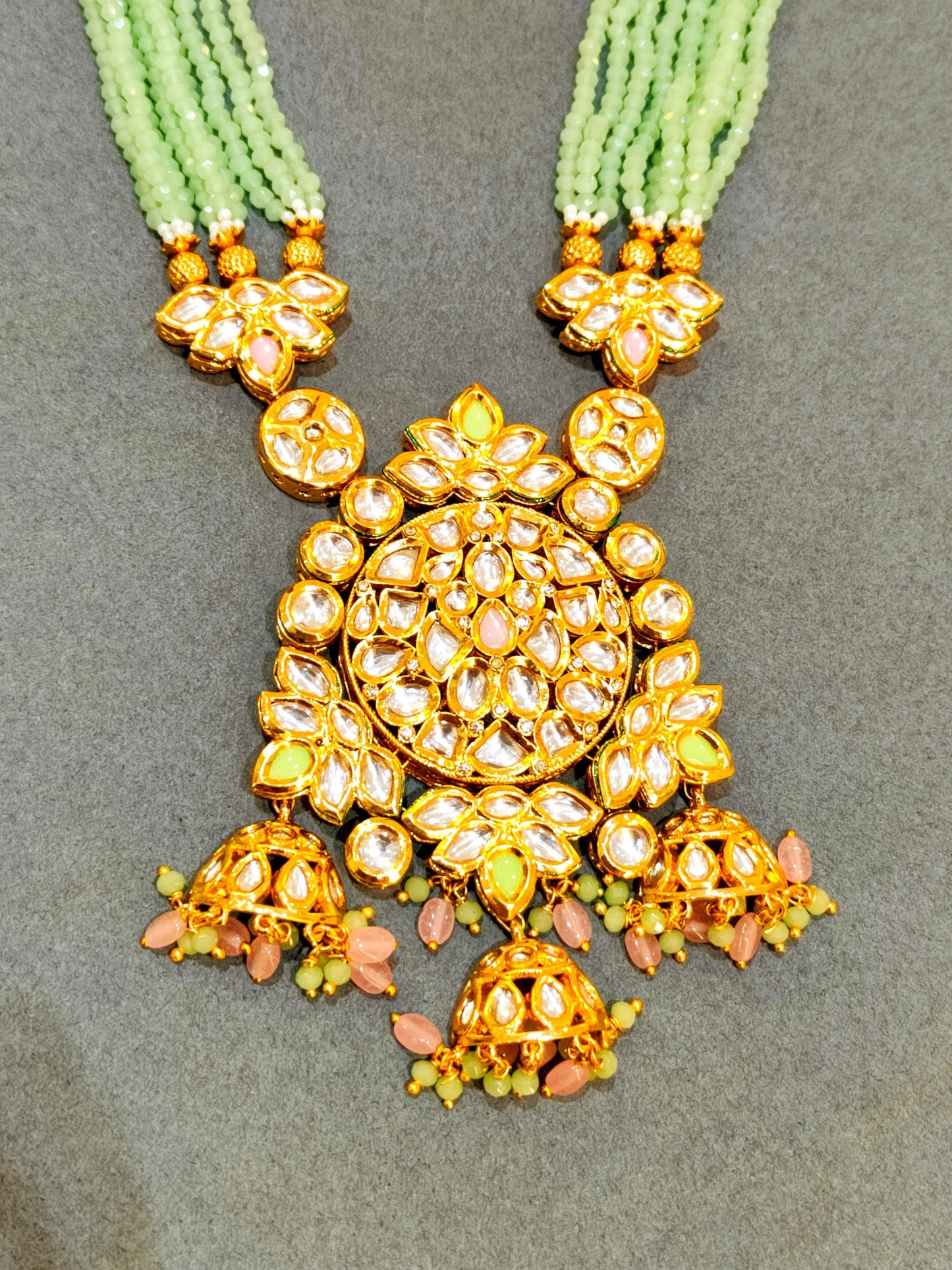 Pink and Mint green Trishala long Necklace set