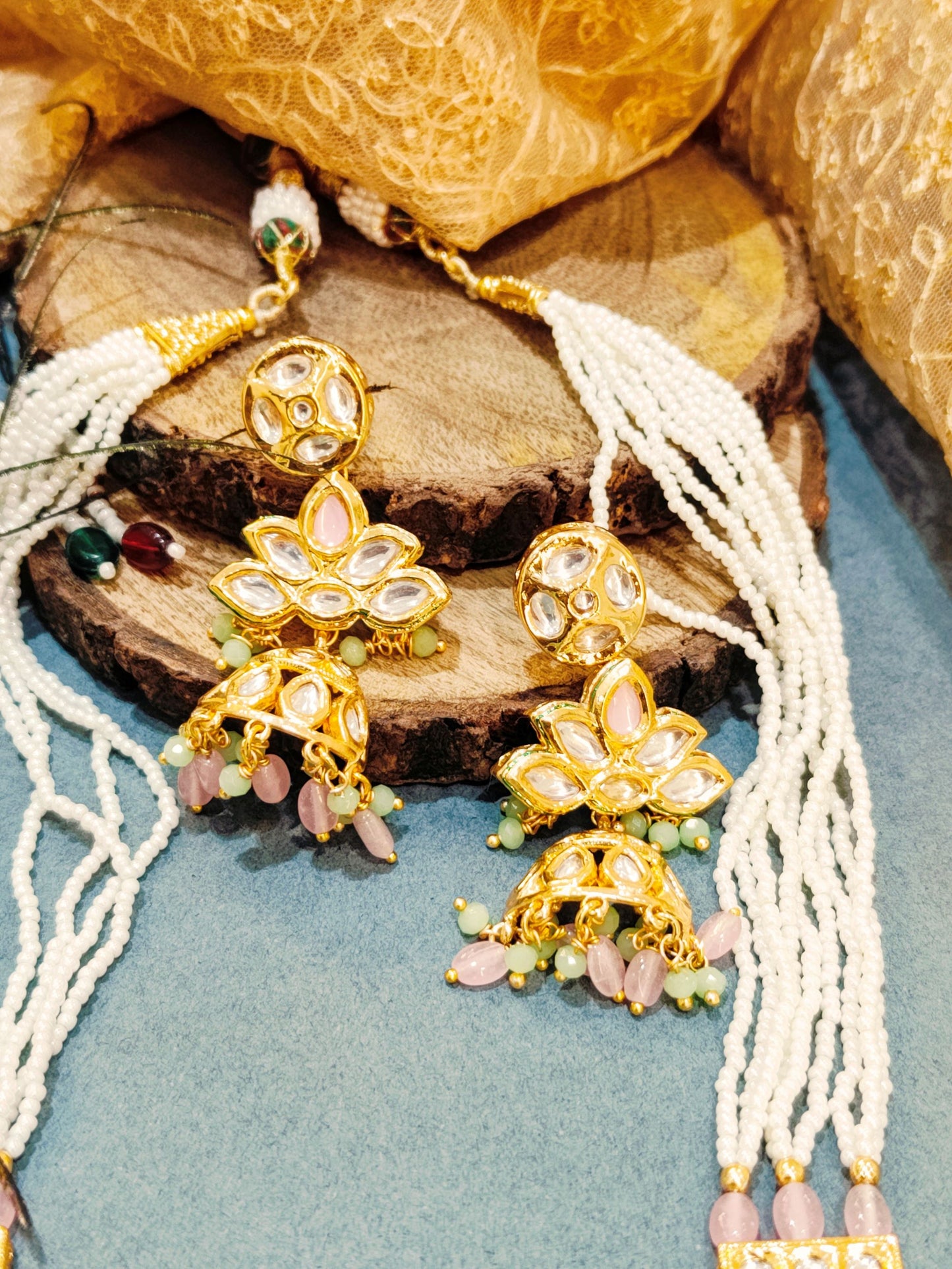Pink and Mint green Trishala long Necklace set