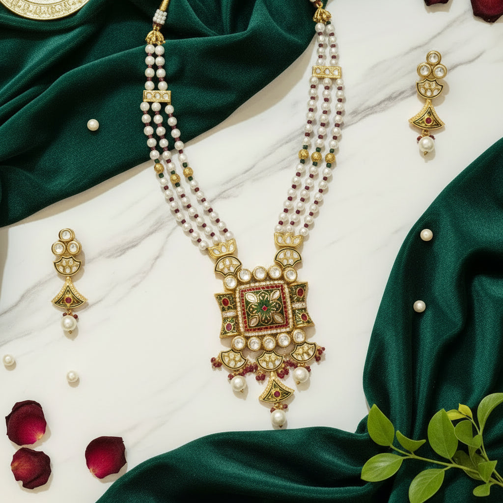 Maroon green Tyaani Long Necklace set