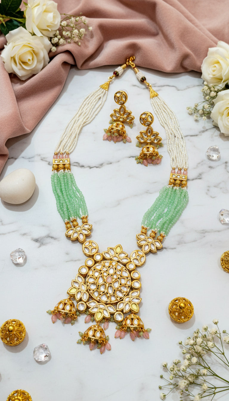 Pink and Mint green Trishala long Necklace set