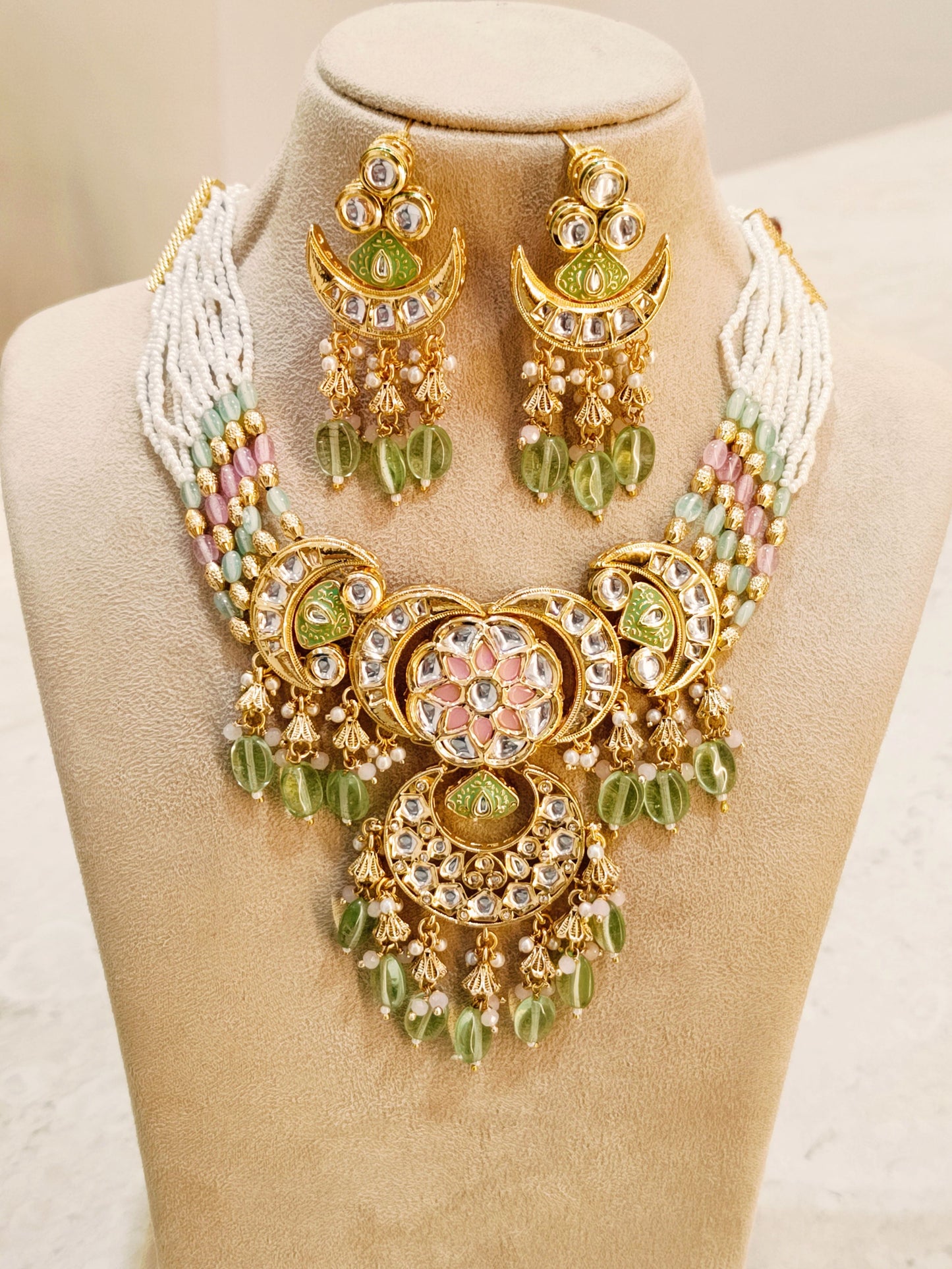 Pink & Mint green Chand Choker Necklace Set