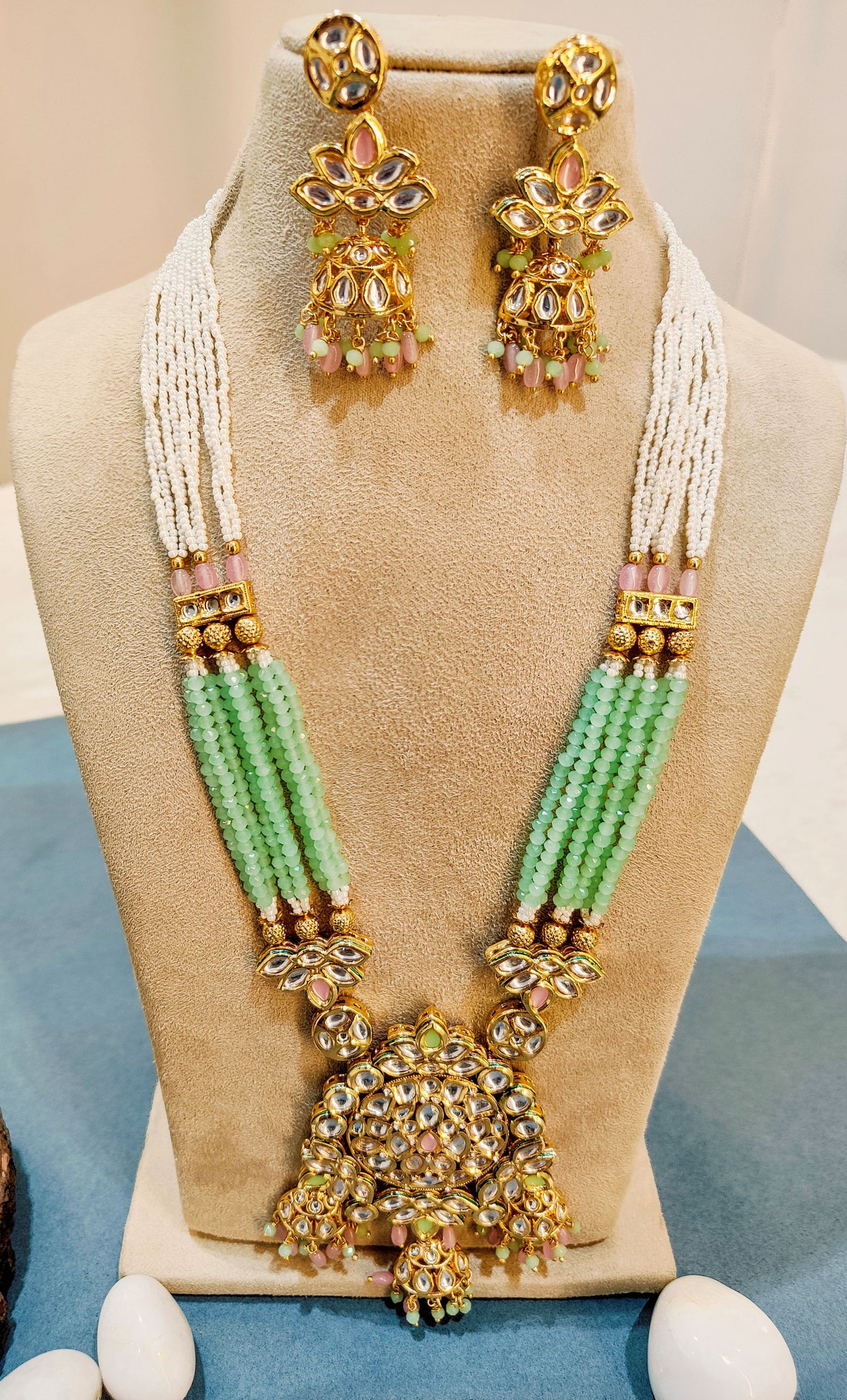 Pink and Mint green Trishala long Necklace set