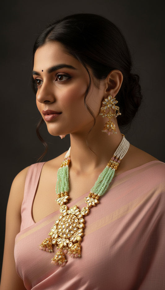 Pink and Mint green Trishala long Necklace set